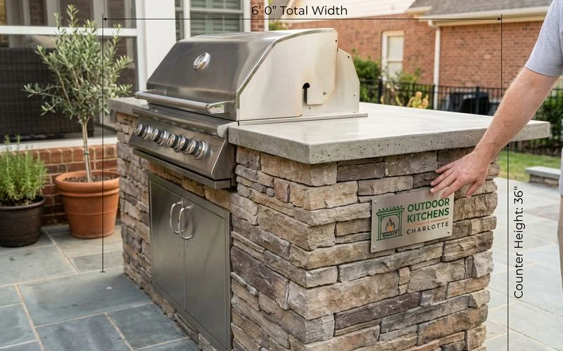Compact six-foot grill island with measurements showing clearances