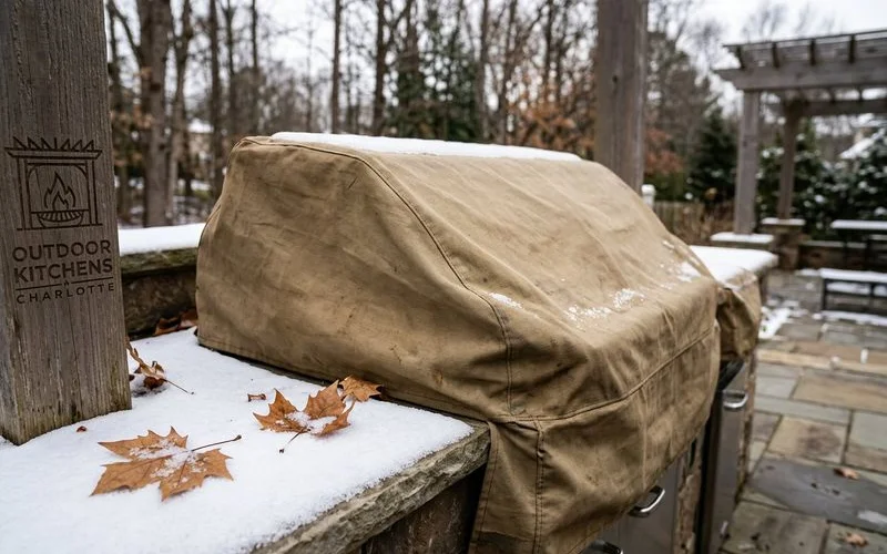 Outdoor kitchen appliances covered with fitted winter covers