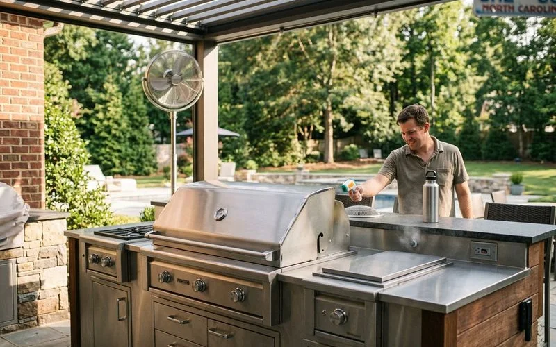 Summer outdoor kitchen with ceiling fans and shade strategies for Charlotte heat