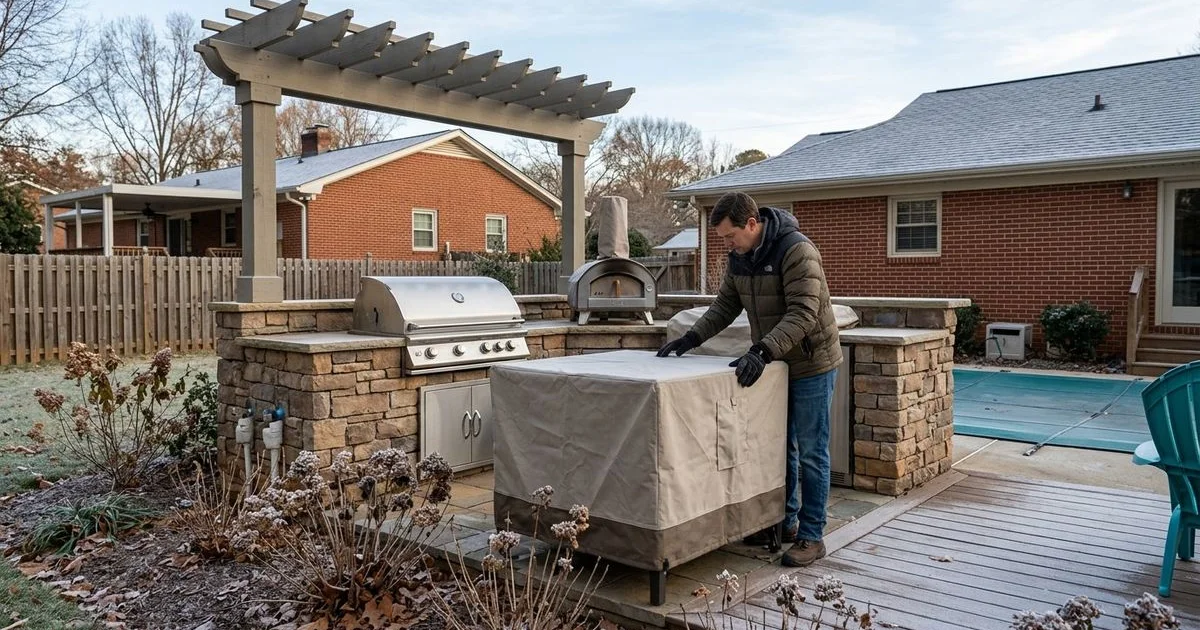 Charlotte homeowner covering outdoor kitchen appliances and preparing for winter weather